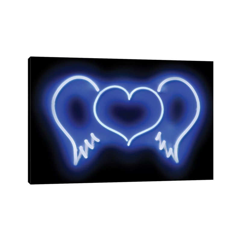 Neon Heart Wings Aqua On Black by Hailey Carr - Wrapped Canvas Print, 20.32 cm H x 30.48 cm W, Black/Dark Blue