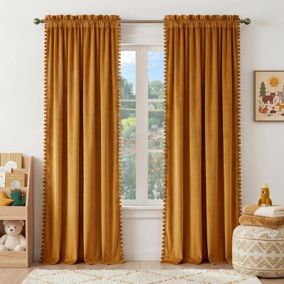Mustard Gold Pom Pom Velvet Curtains 84" Long - Room Darkening Luxurious Drapes , Thermal Insulated Soft Window Treatments, 52" W X 84" L, 2 Panels
