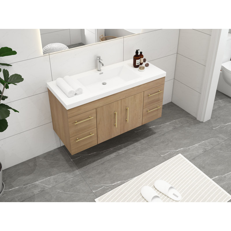 Meuble-lavabo mural simple 47 po Romer, Blanc/chêne, Or