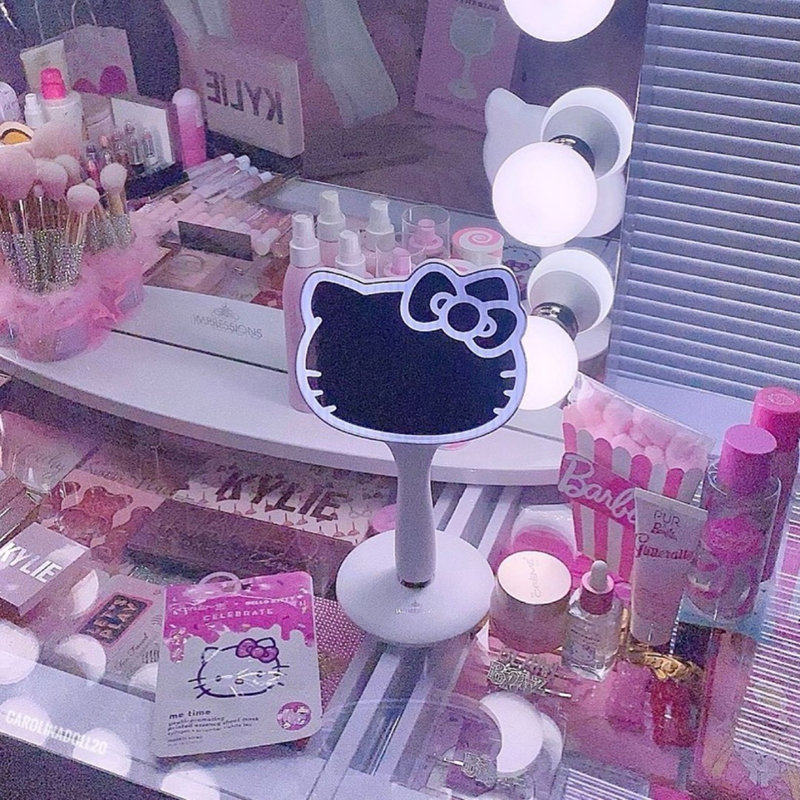 Hello Kitty LED Handheld Mirror, Makeup Vanity Mirror with Standing Base and Adjustable Brightness