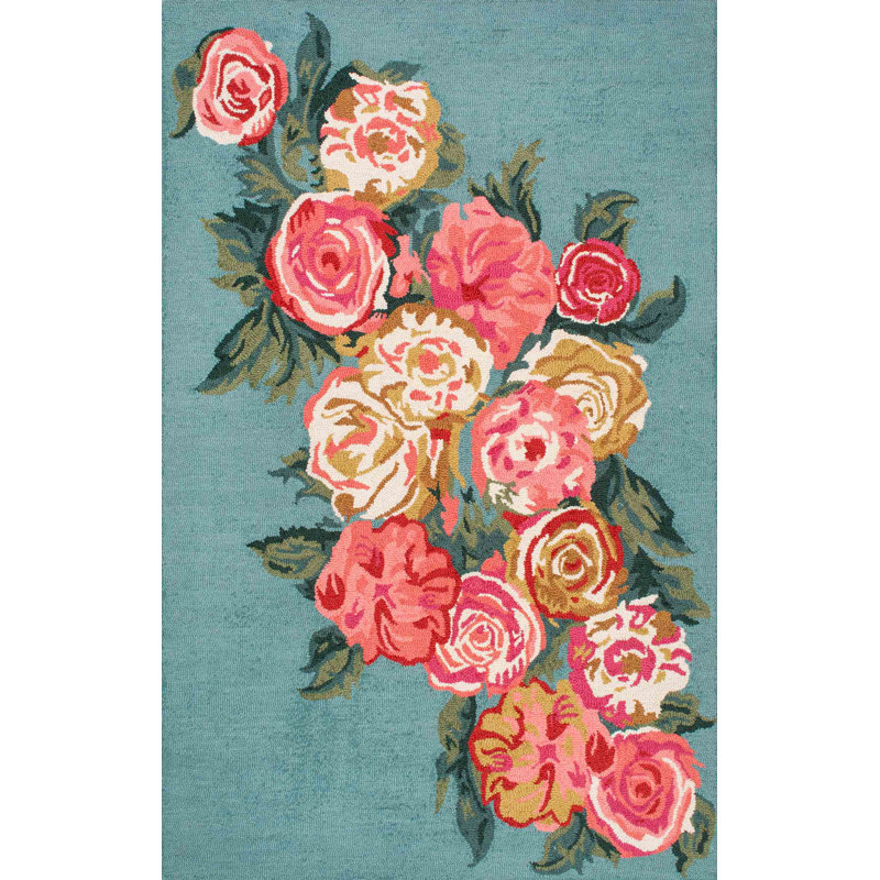 Tapis bleu clair / rose en laine / coton crocheté à la main Jeanlouis, Rectangle 3 pi x 5 pi