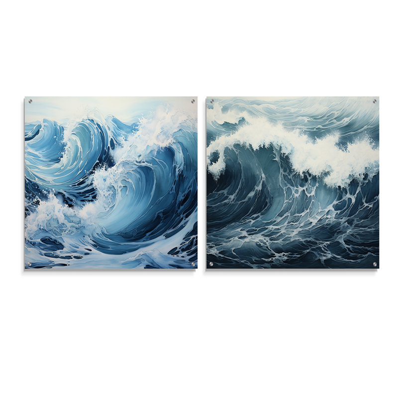 Minimalisme océan tempête - ensemble de 2 verres muraux en acrylique, H 16 po x l 33 po