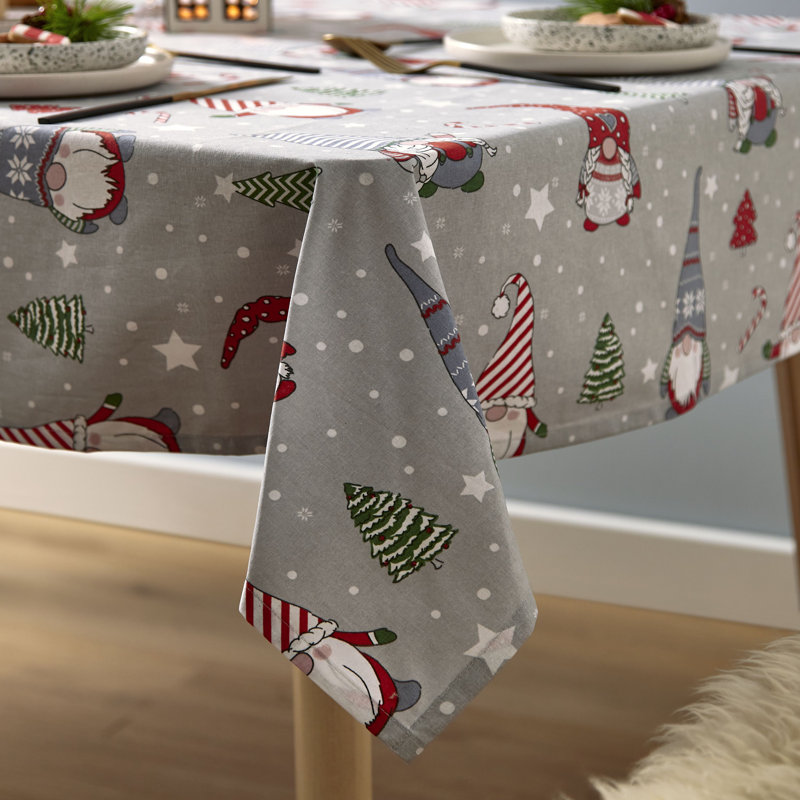 Christmas Gnomes Cotton Table Cloth Grey/ Red, 132cm W x 178cm L