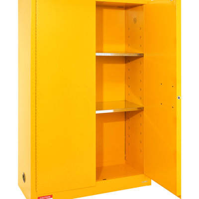 Rangement en acier pour acier inoxydable de 45 gallons, 42,9 x 18,1 65,2 po, preuve, jaune, utilisation industrielle, 2 tablettes réglables, portes manuelles, ventilation, 3 systèmes de verrouillage, réservoir de collecte, armoire de mise à la terre