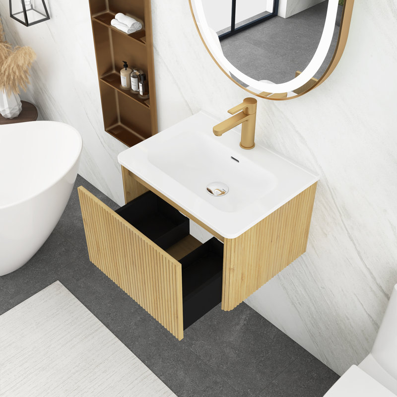 Ivree 24 " W Wall Mounted Wall Mounted Single Double Combined Vanity Unit Bathroom Vanity With Ceramic Top, Natural Oak