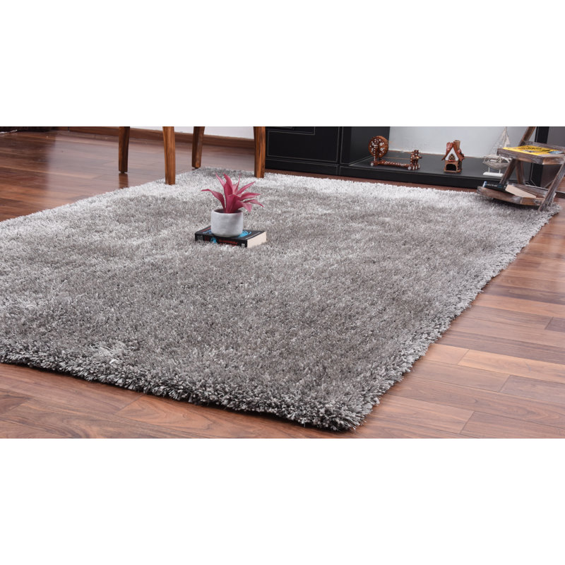Tapis gris à poil long fabriqué à la main Ayumi, Rectangle 5 pi x 8 pi
