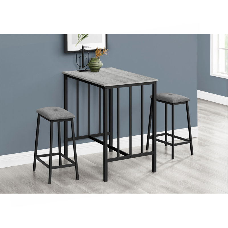 Ensemble de salle à manger, ensemble de 3 pièces, hauteur de comptoir, 36 po rectangulaire, petit, cuisine, stratifié gris, métal noir, contemporain, moderne