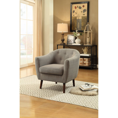 Chaise rembourrée en tissu beige rétro Mid-Century avec dossier à boutons, pieds en finition cerisier, rembourrage en mousse sur ressorts ensachés, ressorts en bois de soutien de 300 lb