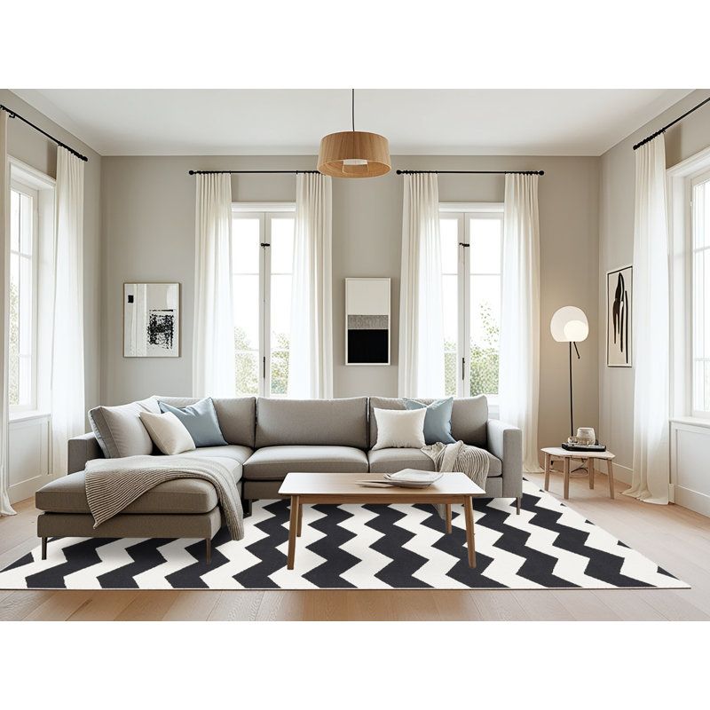 Tapis contemporain noir / blanc, Rectangle 8 pi x 10 pi