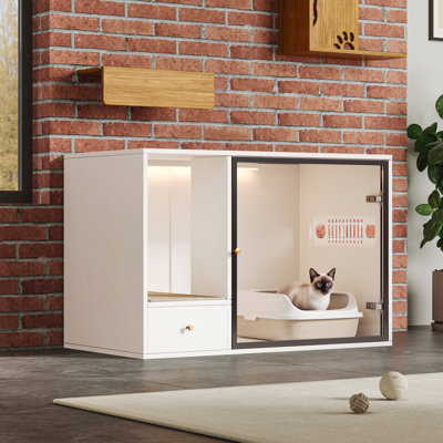 37'' White Cat Litter Box Enclosure, Hidden Indoor Litter Box Furniture With Glass Door and Light, Modern Wooden Kitty House Washroom Sideboard End Table For Large Cats