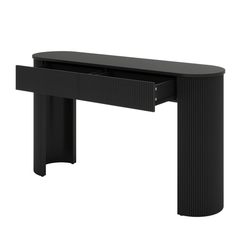 Console moderne avec design cannelé, plateau ovale et 2 tiroirs, Noir