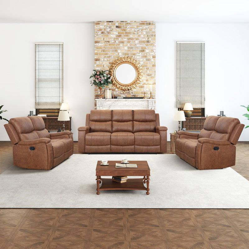 3-Piece Reclining Living Room Set With Dual Loveseats And 3-Seater Sofa, Cup Holders, Cognac