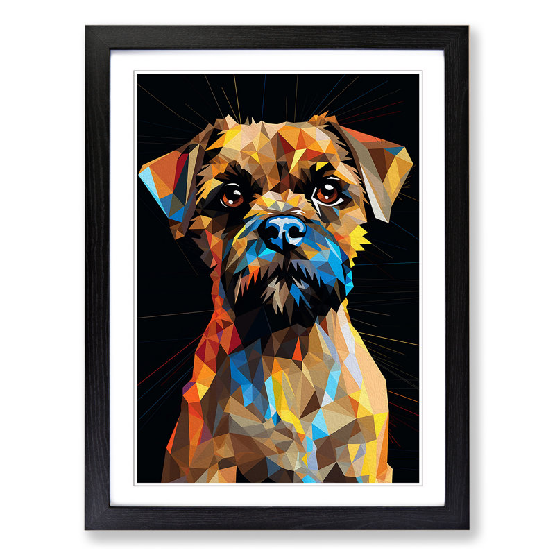 Border Terrier Geometric No.2 - Single Picture Frame Print on Wood, 46cm H x 34cm W x 2cm D, Black