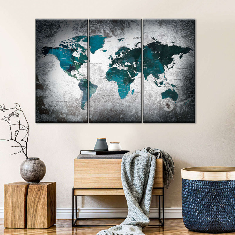 «Aged World Map XLI» sur toile, reproduction de 3 pièces, H 28 po x l 45 po x P 1,25 po