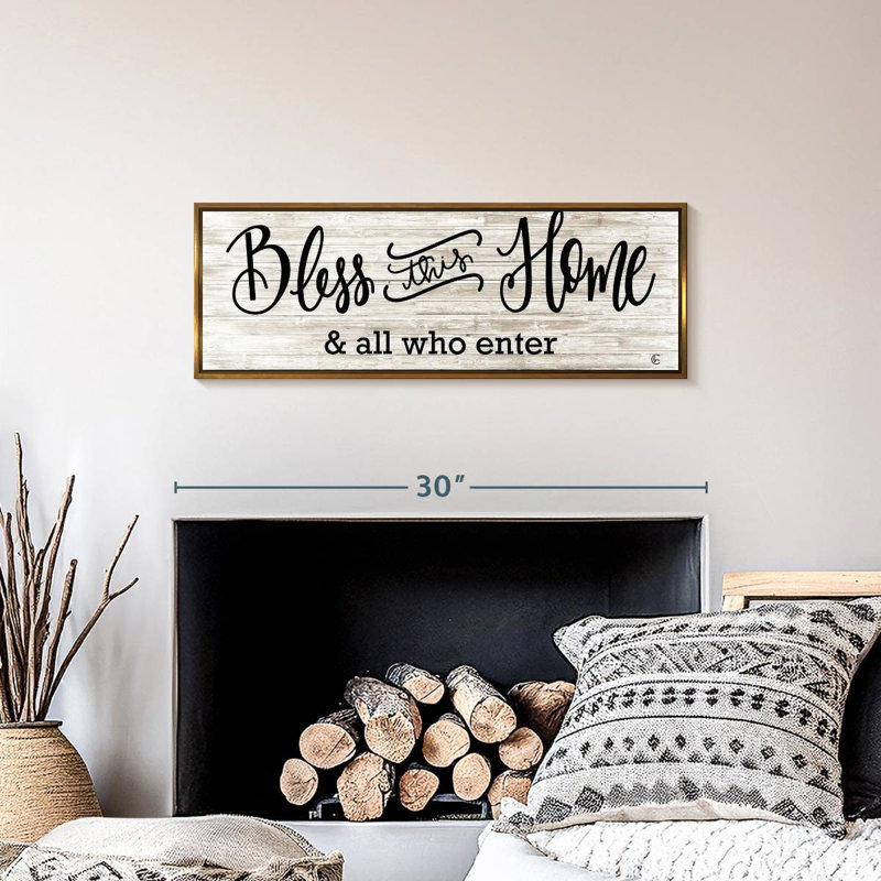 Plaque murale «Bless This Home», Cadre flottant doré, 28 po x 10 po