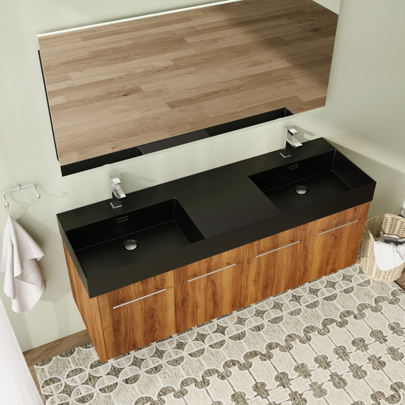 Meuble-lavabo flottant mural 60 po avec plateau en résine et porte à fermeture en douceur 60 po, Résine noire, Brun ébène