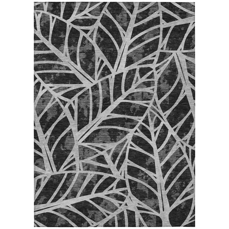 Machine Washable Indoor/Outdoor Chantille ACN2866 Botanical Rug, 10' x 14', Black
