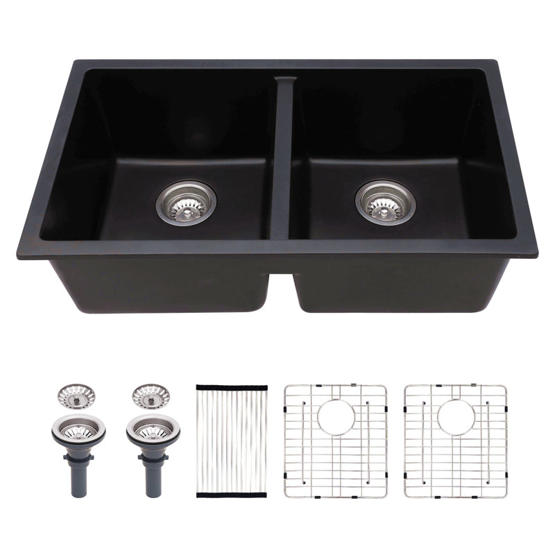 Évier de cuisine en quartz - Évier de cuisine en composite de granite double encastrable 33 po x 19 po (50/50), Noir
