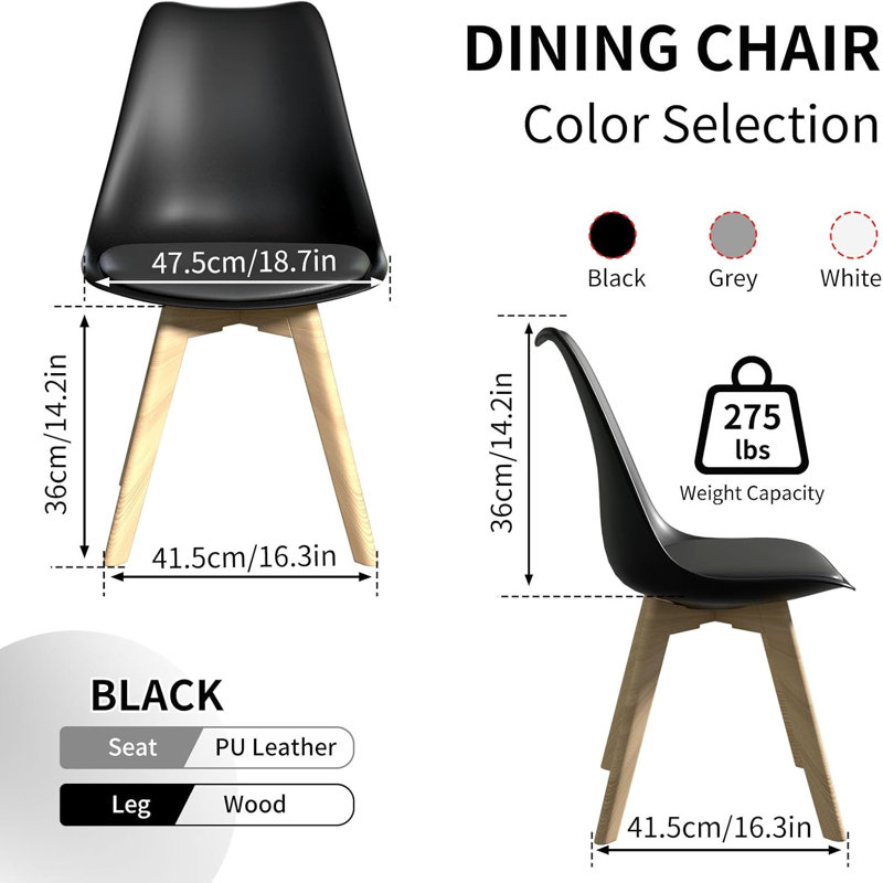Modern Dining Chairs Set Of 4, Mid Century Kitchen Chairs With PU Leather Cushion & Wood Legs For Indoor Outdoor Use, Black