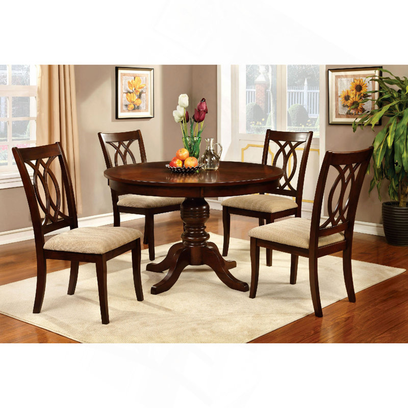 Ensemble de salle à manger 5 pièces de style contemporain avec table à piédestal ronde en bois massif brun et 4 chaises d'appoint