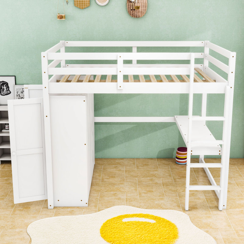 Lit mezzanine double avec garde-robe et bureau, Gris
