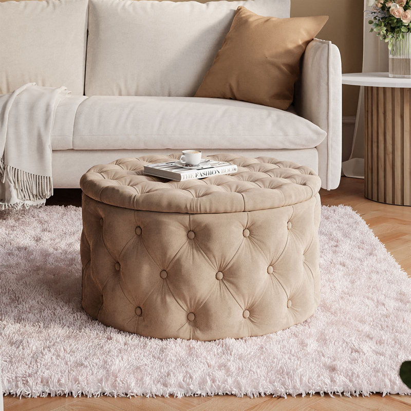 CHESTERFIELD Round Upholstered Pouf Hocker 70 cm, Brown Polyester