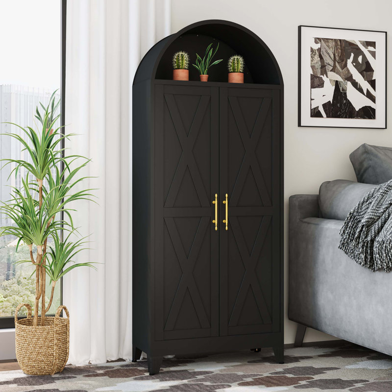 73H Metal Tall Arched Kitchen Pantry Cabinet, Modern Farmhouse Storage with Adjustable Shelves, Versatile for Various Rooms