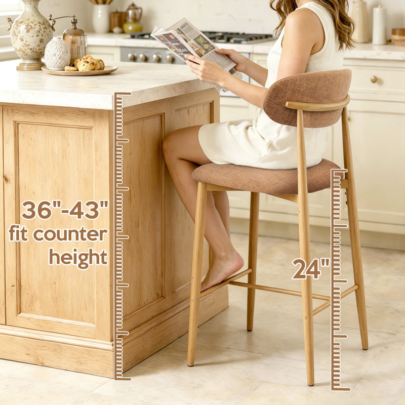 Tabouret de bar rembourré, hauteur du comptoir, avec structure en métal imitation bois et repose-pieds (lot de 1), Brun