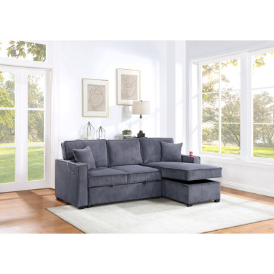 Convertible Sectional Dark Gray Color Corduroy Reversible Chaise W Storage And Sofa Pull Out Bed Pillows Living Room 2Pc Set