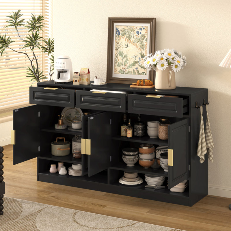 U-Style Farmhouse Sideboard With 3 Drawers & 4 Doors,59.1" Multi-Functional Storage Buffet With Adjustable Shelf And Open Storage Compartments, Suitable For Dining Room, Living Room, Entryway.