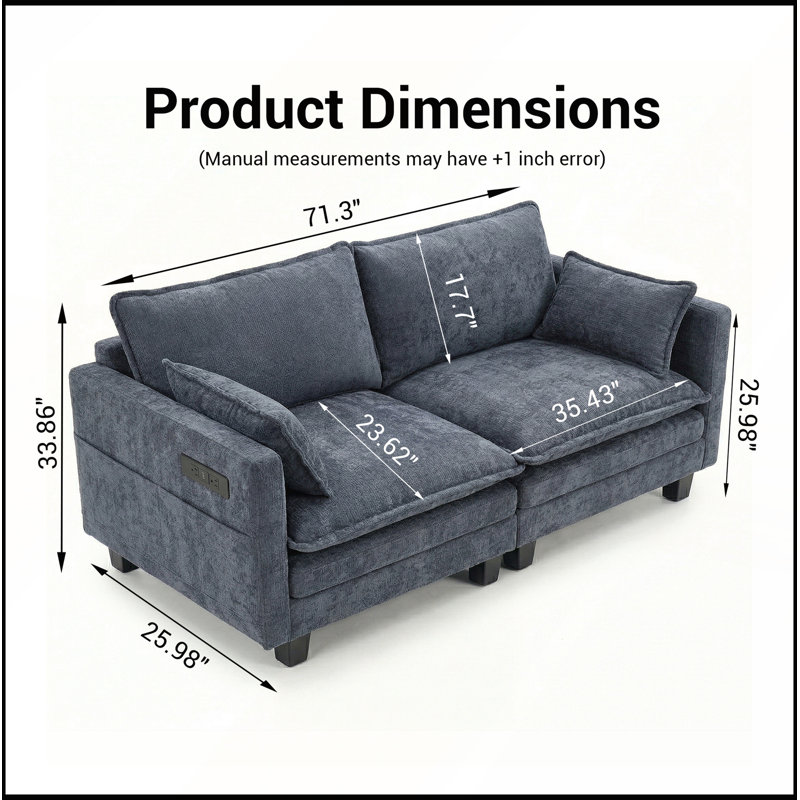 Canapé-lit moderne en chenille bleu-gris, canapé compact à 2 places avec deux ports de chargement USB et poches latérales pour les petits espaces