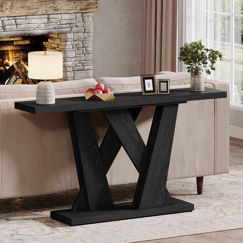 55'' Farmhouse Console Table, Entryway Table With Geometric Base, Black