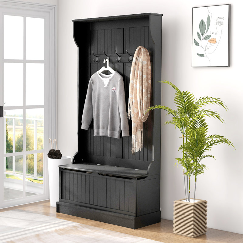 3-In-1 Entryway Hall Tree With Storage Bench, Coat Rack With Four Hooks And Shoe Storage, Black