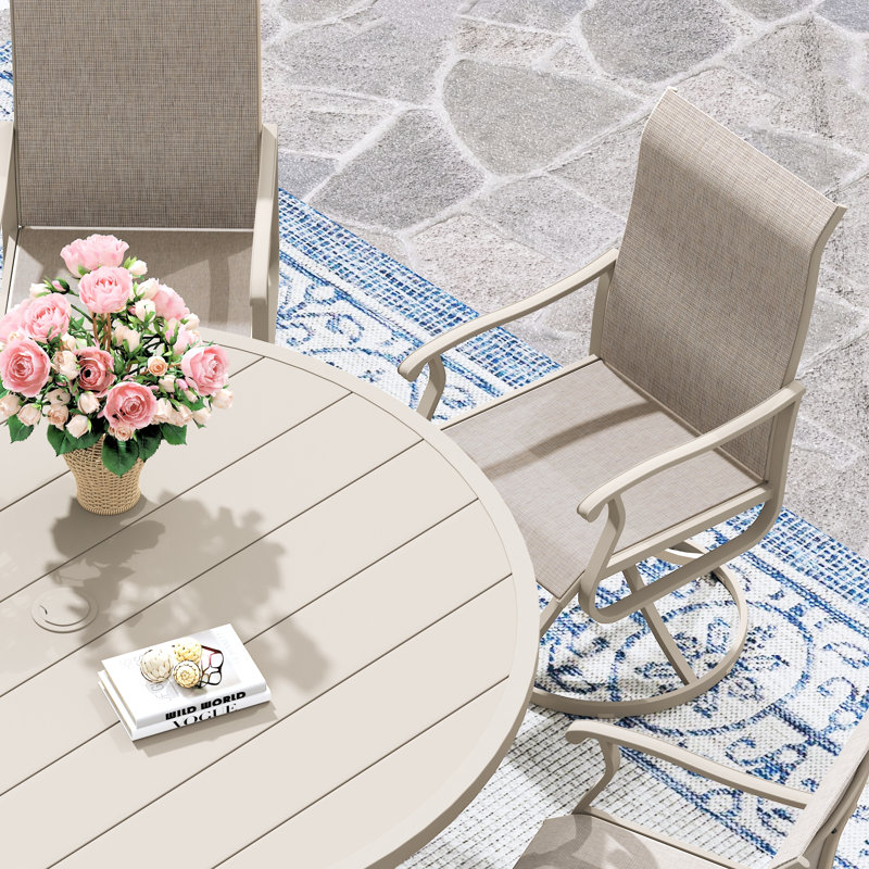 6-Person Patio Dining Set with 53" Round Metal Dining Table and 6 Swivel PVC-coated polyester Chairs, Cream/Sandshell