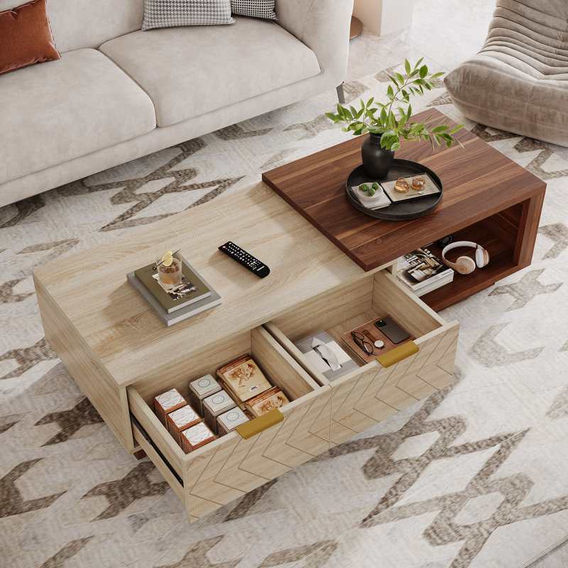 Table basse extensible avec 2 tiroirs de rangement, table centrale bicolore avec plateau coulissant, Brun / Beige
