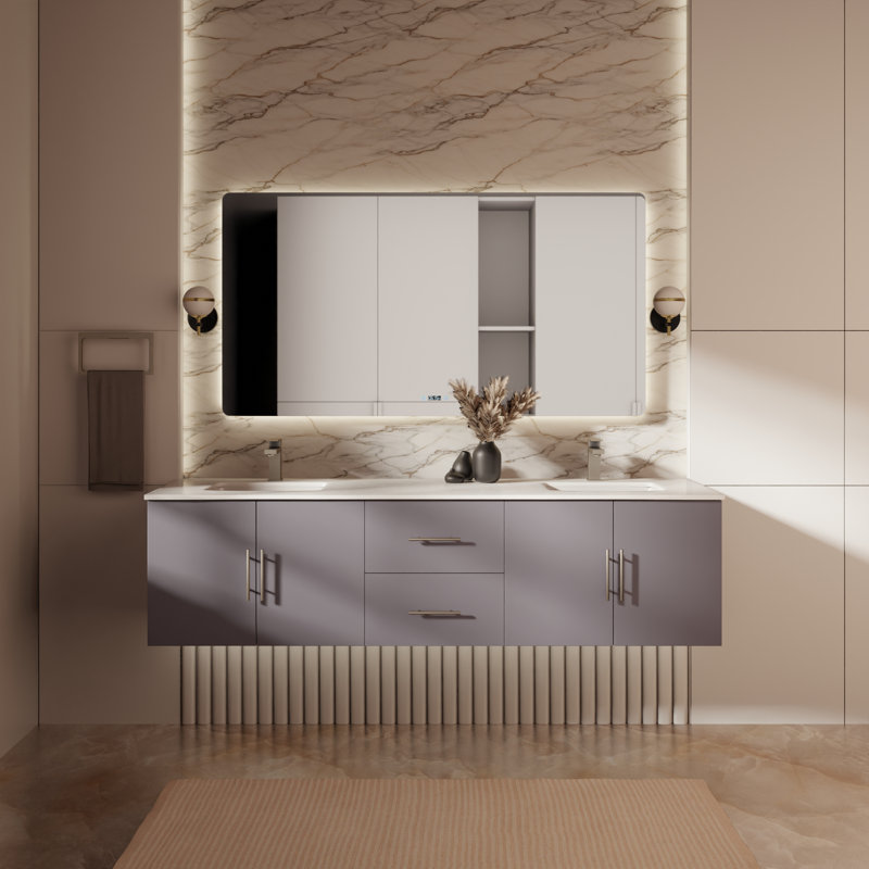 Ensemble de meuble-lavabo double mural 72 "Geneva, Gris foncé, Quartz blanc
