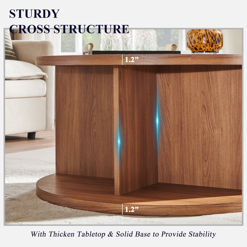 Round Coffee Table with 4 Open Compartments for Storage, Dark Natural Oak