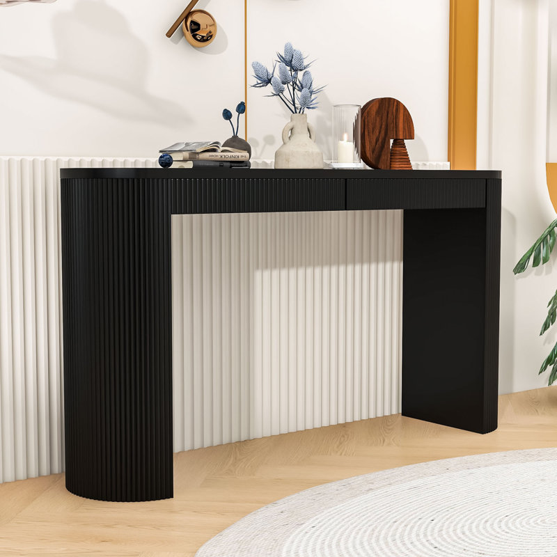 Console élégante en bois avec motif rayé, tiroirs et pieds arqués, Noir