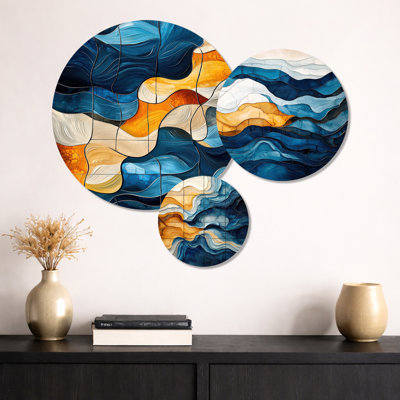 «Brown and Blue Odyssey Tiles I», ensemble d'art mural en métal côtier 3 pièces