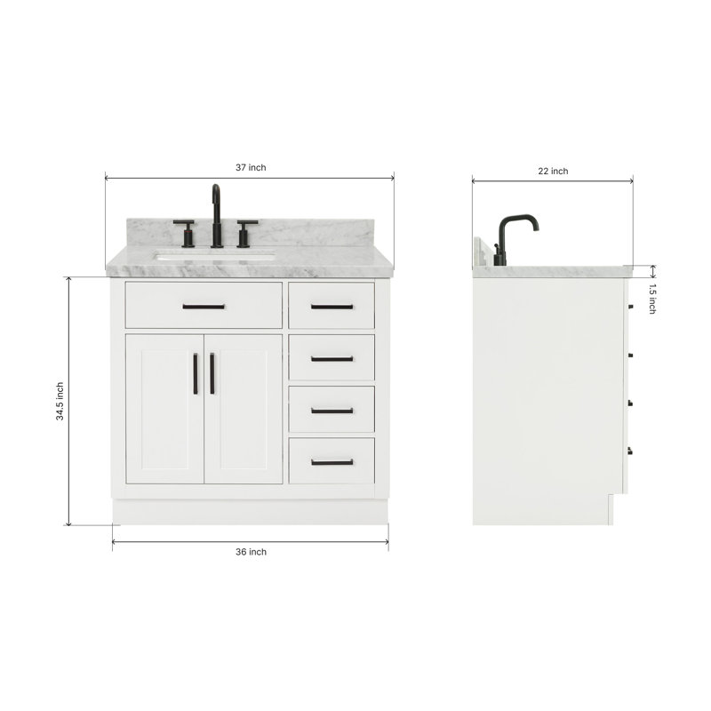 ARIEL HEPBURN 37 IN RIGHT OFFSET RECTANGULAR SINK VANITY 1,5 IN, Left, White, Rectangular