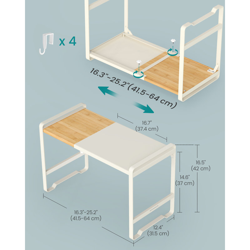 Expandable Microwave Shelf, Microwave Stand, 41.5-64 Cm Adjustable Width, Kitchen Storage Rack, Steel And Bamboo, 4 Hooks, Cream White And Light Bamboo