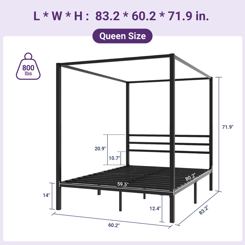 Metal Canopy Bed Frame With Four Poster, Queen, Black