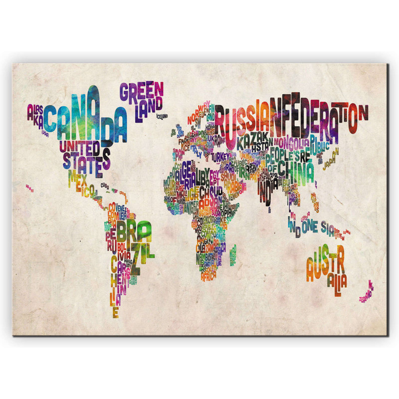 Large Text Art Map Of The World by Michael Tompsett - Wrapped Canvas Print