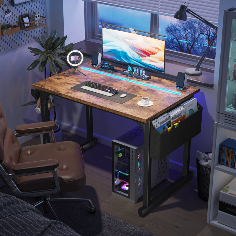 Home Office Computer Desk With LED Lights For Small Spaces, Study Writing Desk With Storage Bag And Headphone Hook