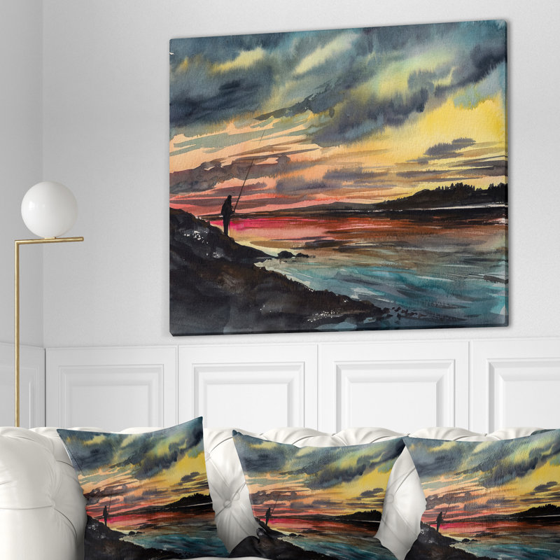 " Landscapes Fishing Man Over Sunset Sky ", 30" H x 40" W x 1.5" D, Wrapped Canvas