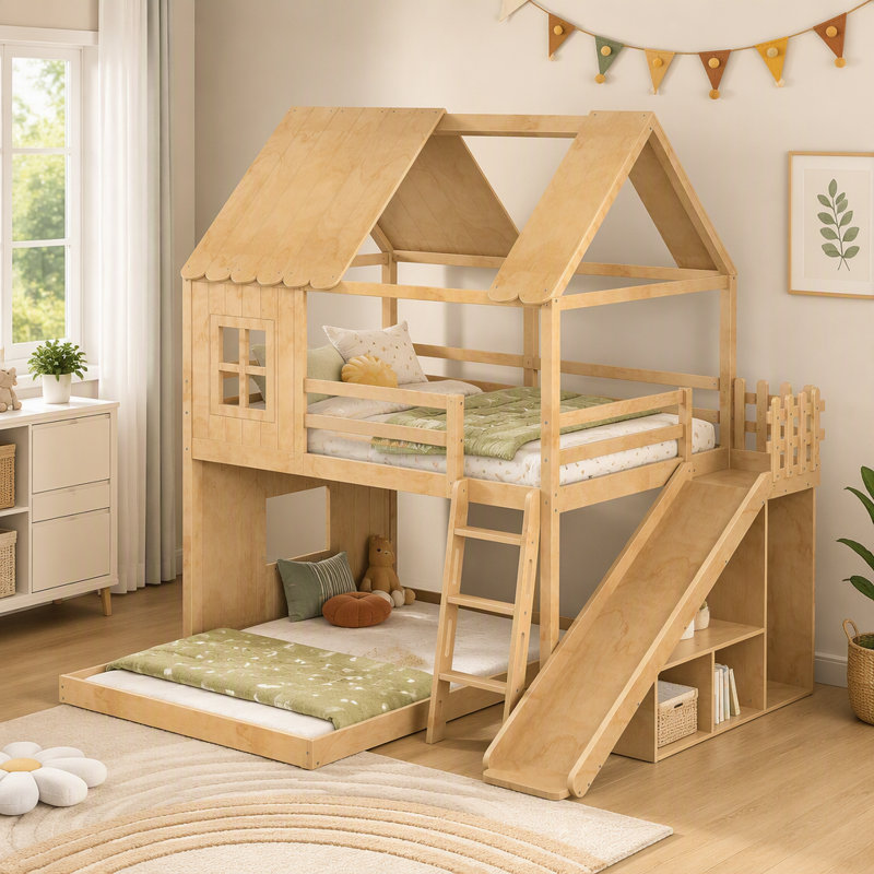 Lit superposé double au-dessus d'un lit double avec échelles et glissières, lit superposé au sol avec tablettes de rangement et garde-robe, conception de maisonnette naturelle
