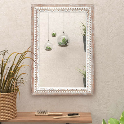Wooden Frame Farmhouse Mirror With White Wash Beads