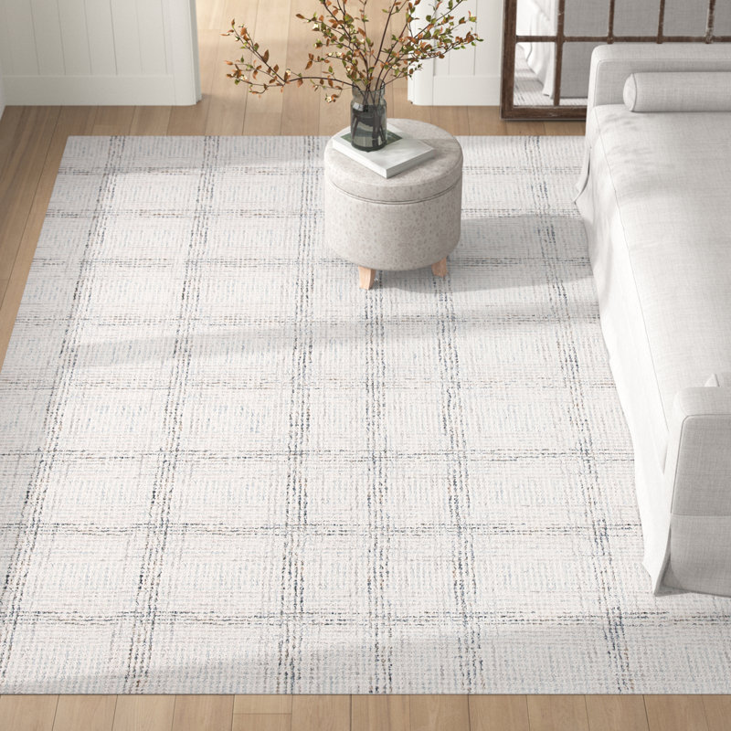 Corinna Hand Tufted Wool/Cotton Plaid Rug in Ivory/Gray, Rectangle 6' x 9'