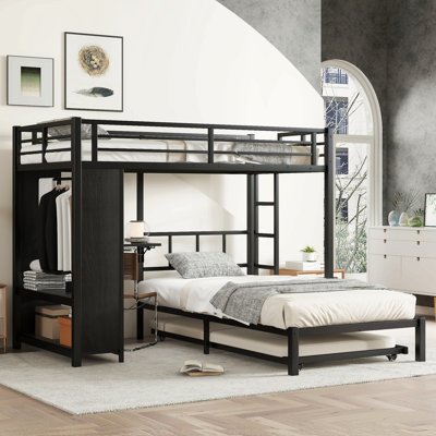 Bunk Bed With Built-In Wardrobe, Metal Bunk Bed With Trundle, Foldable Desk, Ladders