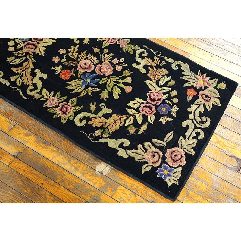 Small Antique Black Color European Floral Inlay Pattern American Hooked Rug